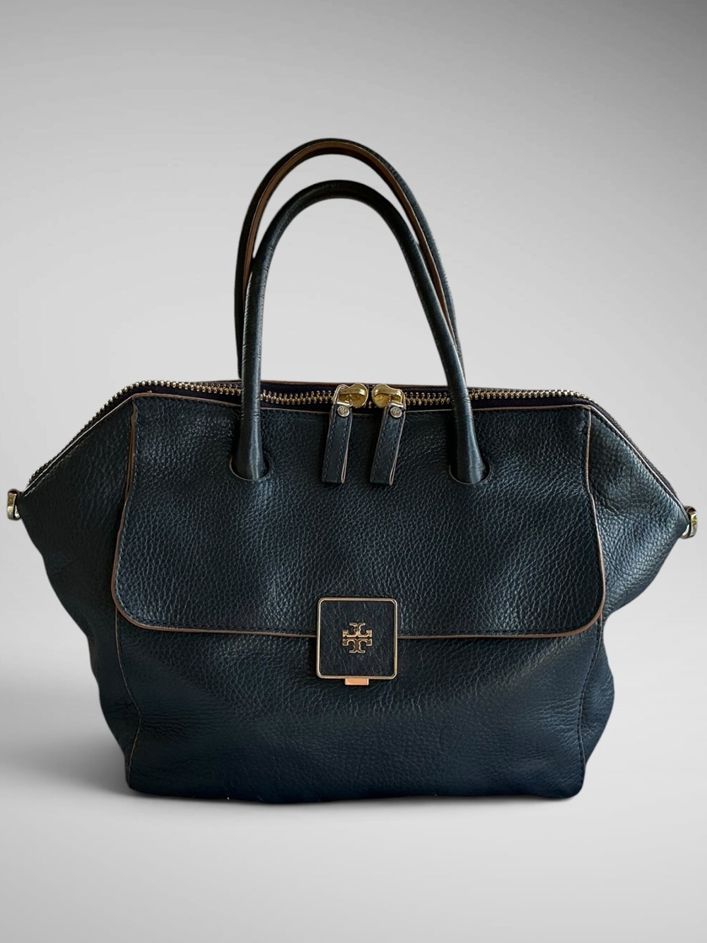 Tory Burch Clara Leather Satchel Navy Tan Trim Shoulder Strap